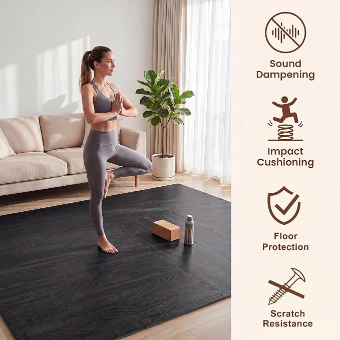 Giantex 25 Pcs Faux Wood Grain EVA Foam Tiles, 24"x24" Interlocking Floor | 100 Sq. Ft Puzzle Exercise Mats with 50 Borders, 0.4" Thick Waterproof Anti-Slip Flooring for Home Gym, Basement, Black