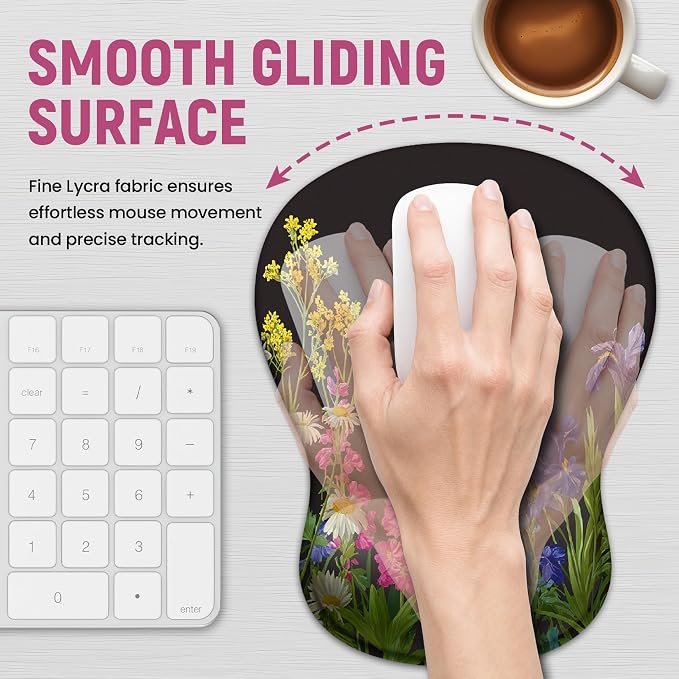 Ergonomic Mouse Pad with Wrist Rest, Gel Wrist Support, Bloom | 10.2 x 7.6 in Mouse Pad with Smooth Fabric Surface and Non-Slip Rubber Base for Office, Home, Study, and Gaming