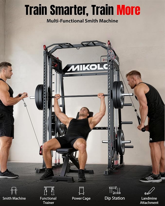 Mikolo M4 2.0 Smith Machine, 2200lbs Squat Rack with LAT-Pull Down System & Cable Crossover Machine, Training Equipment with Leg Hold-Down Attachment