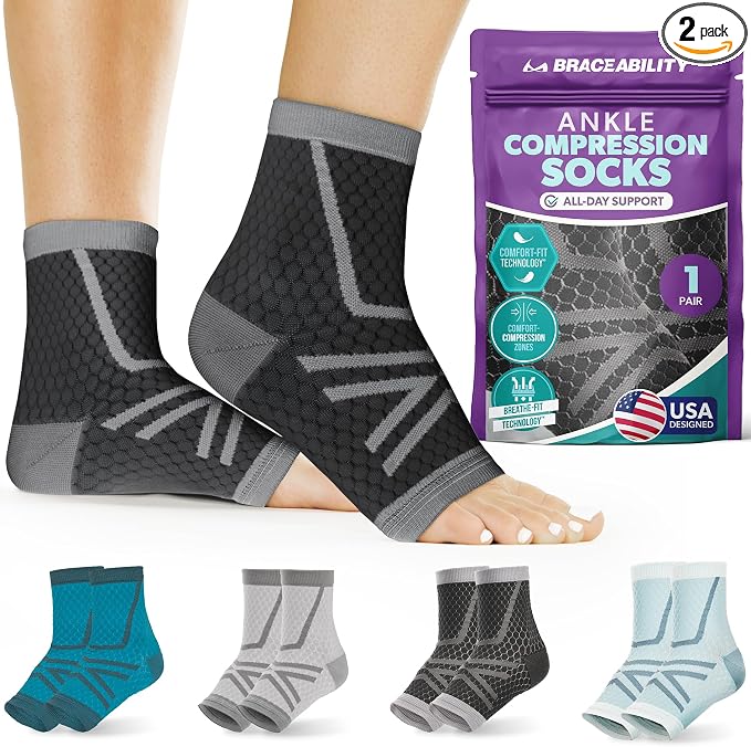 BraceAbility Athletic Ankle Compression Socks for Men and Women - Toeless Running Ankle Brace Support Sleeves for Sports, Workouts, Plantar Fasciitis, Achilles Tendonitis, Foot Pain Relief (L - Black)
