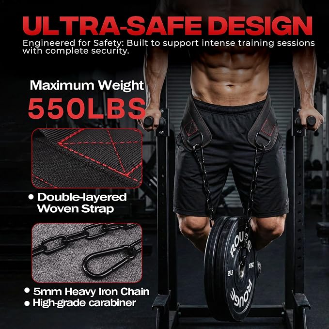 Weightlifting Dip Belt with Chain, Heavy Duty 550-650 lbs Capacity, for Dips and Pull-ups
