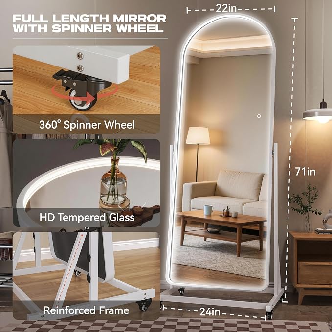 71"x24" Arched LED Full Length Rolling Mirror on Wheels, Tilting Swivel Floor Mirror with Lights, 3 Color Temperatures & Adjustable Brightness for Bedroom, Dressing Room, Home Gym, Home Decor