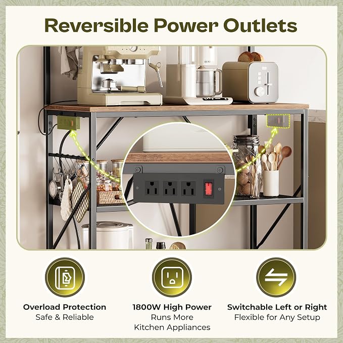 Huuger 4-Tier Bakers Rack with Reversible Power Outlet, 31.5 Inch Microwave Stand, Kitchen Coffee Bar, with Top Shelf, 6 S Hooks, Rustic Brown