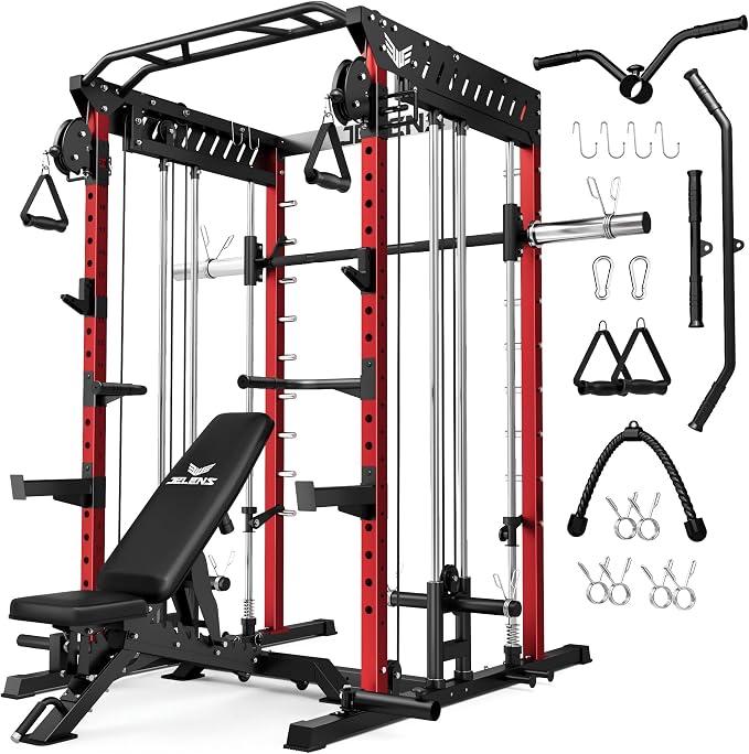 JELENS M21 Smith Machine, Multi-Function Power Cage with Dual Pulley Cable Crossover System, 2000LBS All-in-One Squat Rack with Smith Bar and Attachments for Home Gym