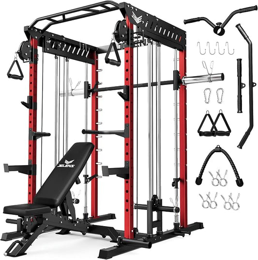 JELENS M21 Smith Machine, Multi-Function Power Cage with Dual Pulley Cable Crossover System, 2000LBS All-in-One Squat Rack with Smith Bar and Attachments for Home Gym