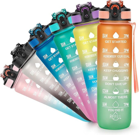 YC Kitchen Motivational Water Bottle with Time Marker - 32oz, Leak-proof BPA Free Sports Water Bottles with Straw & Carrying Strap