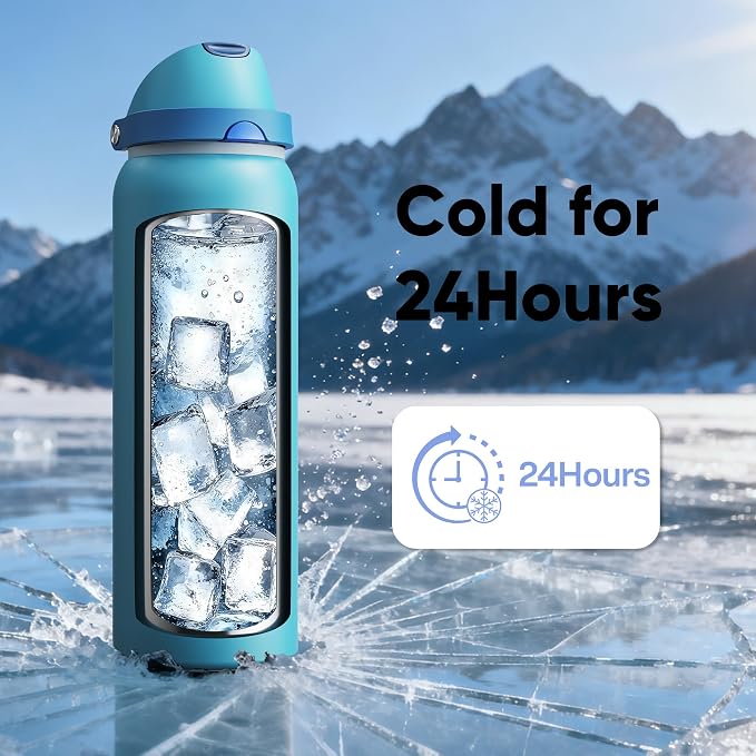 Insulated Water Bottle with Straw - Encool Stainless Steel Water Bottle with Push Button Lid, Leak-Proof & BPA-Free, Keeps Cold for 24 Hours for Sports, Travel, Gym (40 oz, Silk Blue)
