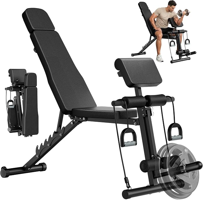 Steelite Adjustable Weight Bench for Home Gym, Foldable Workout Bench with Leg Extension and Leg Curl, 770 LBS Multi-Function Preacher Curl Weight Bench for Full Body Training Fitness, Incline Decline Flat Sit Up Bench Home Gym Equipment with Wheels fo...