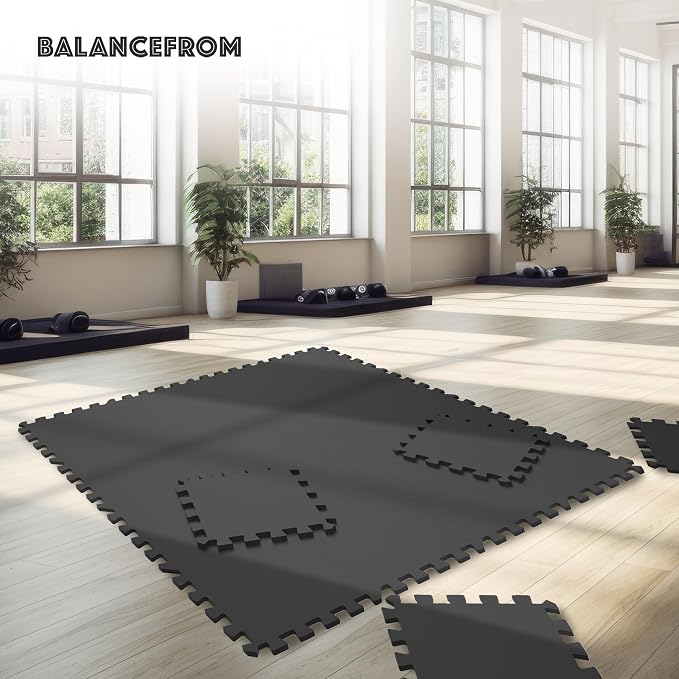 BalanceFrom Puzzle Exercise Mat 1/2-inch Thick, EVA Interlocking Foam Floor | Tiles for Home Gym, Mat for Home Workout Equipment, Floor Padding for Kids, Black, 24 in x 24 in x 1/2 in, 24 Sq Ft - 6 Tiles