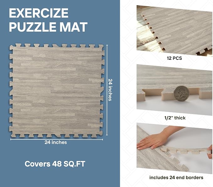 Art3d 48 Sq.Ft Eva Puzzle Exercise Mats, 24"x24" x 1/2" Thick Foam Interlocking Tiles for Flooring, Workout, Gym Equipments, Pack of 12, Grey Oak