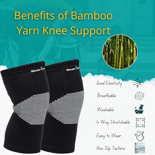 Wonder Care 2-Pack Bamboo Knee Compression Sleeve for Men and Women, Compression Knee Sleeve for Running, Volleyball, Gym Weightlifting Made from Bamboo Yarn, Perfect Knee Brace for Knee Pain and Enhanced Comfort - 1 Pair