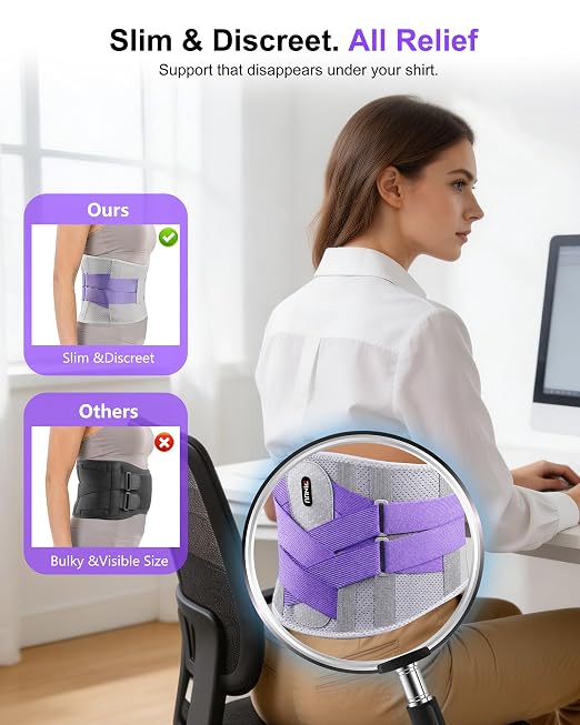 Dual X-Back Brace for Lower Back Pain Relief with Bionic Support System, 8X Powerful Lumbar Support Belt for Men Women, Back Support Belt with 3D Pad, Breathable Back Support Brace with Adjustable Strap for Sciatica,Gray Purple,Large(Waist:37-42.9 Inch)