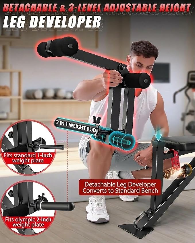 1200LBS Workout Bench with 3-Level Adjustable & Removable Leg Extension/Leg Curl, Adjustable Weight Bench for Home Gym, Incline/Flat Bench Press Full Body Workout, Universal Fit for All Body Types