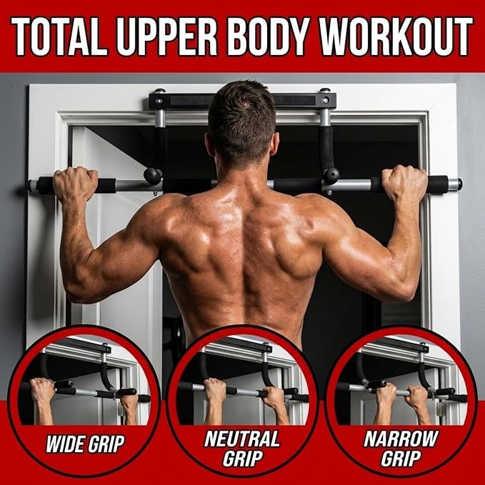Iron Chin Up & Pull Up Bar Gen. 1, Heavy Duty Doorway Pull Up Bar with 9 Grip Positions, No Screws, Fits 24"-36" Doorways, Supports 440 lbs, Home Gym Equipment for Upper Body Strength