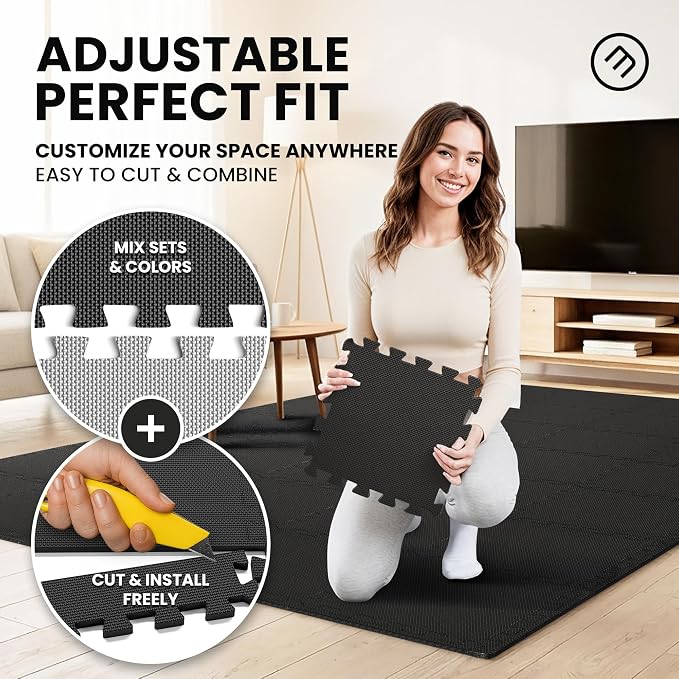 bemaxx Gym Mats Set - 54 pcs EVA Interlocking Foam Floor Tiles (12.6"x12.6"x0.4") 54sqft Protective Gym Flooring Sports Home Workout Exercise Mats Puzzle Garage Fitness Play-Room Pool Treadmill Bike