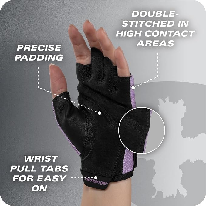 Harbinger Power Gloves 3.0 - Durable Half Finger Weightlifting Gloves with Adjustable Wrist Closure, Breathable Leather Palm, Small, Women's