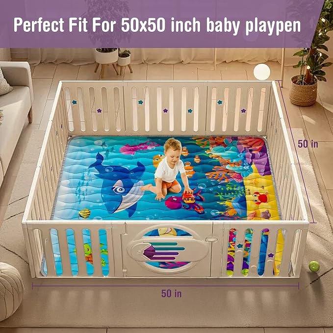Baby Play Mat, 50x50 Thickened Playpen Mat, Waterproof & Non-Slip, Foldable Play Mat for Floor, Machine Washable Crawling Mats for Infants & Toddlers, Floor Activity and Playing & Learning, Sea World