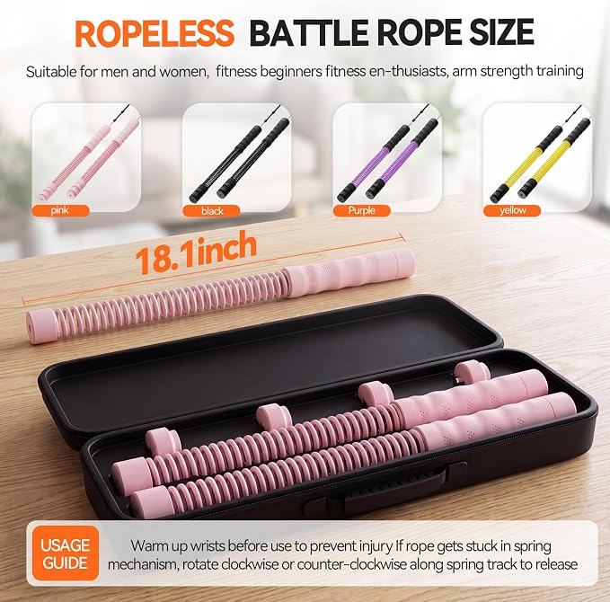 Cordless Ropeless Battle Ropes for Home Gym, 3 Adjustable Resistance, Heavy Duty Strength Training Equipment for HIIT, Full Body Workout, Men & Women, Pink