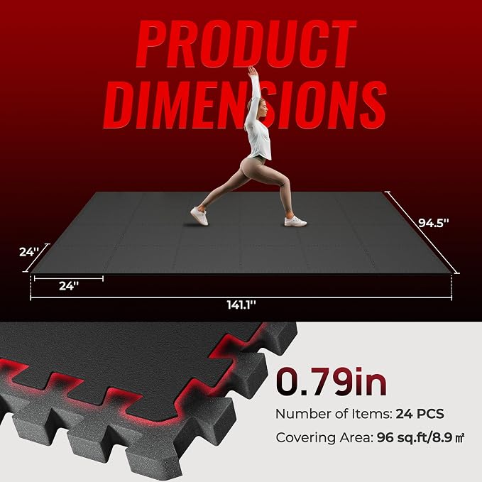 SUPERJARE 0.79'' Extra-Thick Exercise Equipment Mats, 24 Pcs 96 Sq Ft Rubber Top Floor Tiles with High Density EVA Foam, Interlocking Gym Flooring for Home Gym, Workout Mat, Black