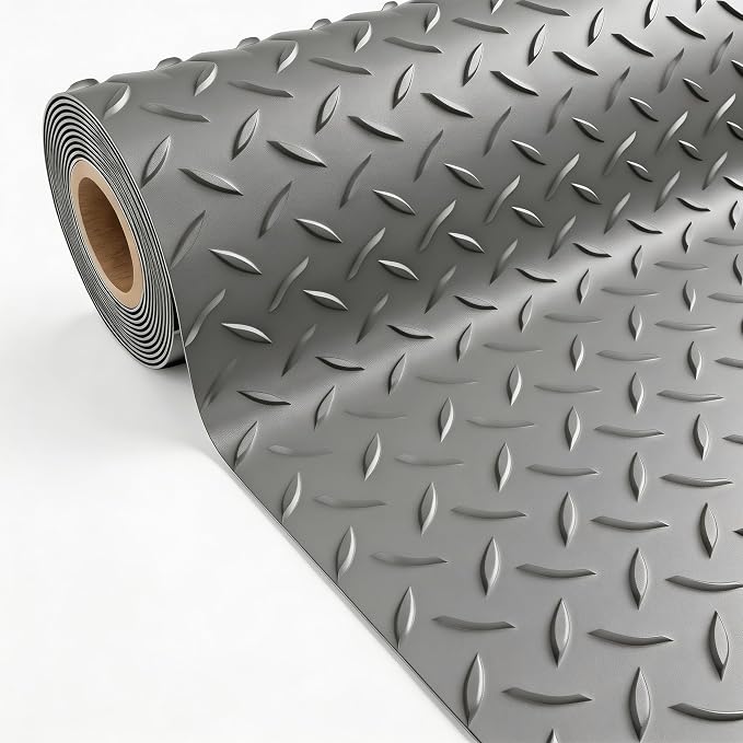 5x15 FT Garage Floor Mat, 2.8mm Thickened Diamond Plate | PVC Flooring Roll for Under Car/Golf Cart/Motorcycle, Garage Mat for Warehouse/Basement/Gyms/Trailer, Tapes Included, Gray