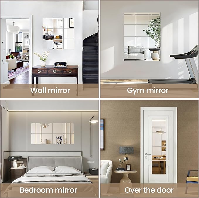 LXCREAT 4 Packs Peel and Stick Mirrors for Wall, 11.8" x 11.8" Mirror Tiles | Self Adhesive 2MM Thick Frameless Acrylic Plastic Mirror Sheets Wall Stickers for Bedroom Bathroom Gym Door DIY Decor
