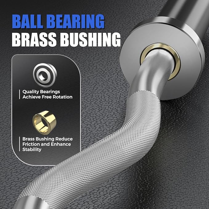 47” Solid Steel Olympic Curl Bars, 500LB | EZ and Super EZ curl bars with knurled grips, rotating sleeves, solid steel build, and 2-inch Olympic plate compatibility