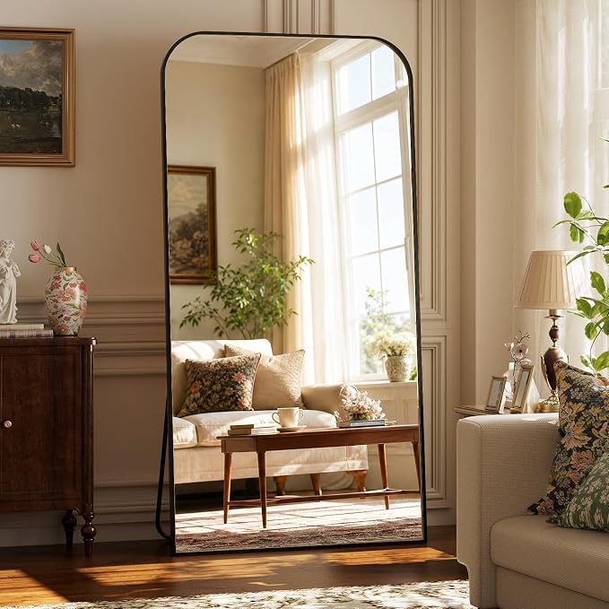 XRAMFY Full Length Mirror - Large Floor Standing & Wall Mountable Full Body Mirror with Sturdy Aluminum Frame, Arched Top Design, Freestanding or Hanging for Bedroom, Living Room, Cloakroom,Black
