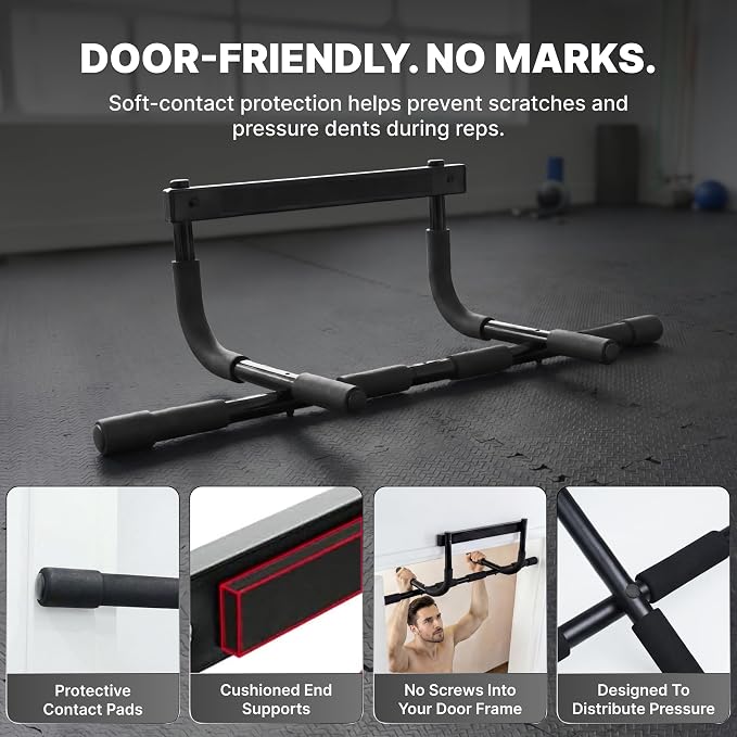 DMoose Fitness Pull Up Bar for Doorway - Upto 250 Lbs Capacity, No Screwing or Slipping, Hanging Pullup & Chin Up Bar for Door Frame - Multi Padded Grips for Strength Training with Installation Guide