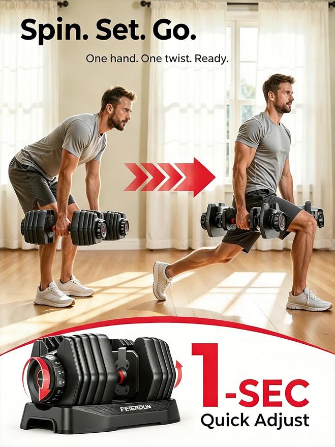 FEIERDUN DB1 QuickDial Adjustable Dumbbell Set, 15-in-1 Adjustable Weights with Storage Box & App, 105lb/52.5lb Quick Change for Drop Set, Superset & HIIT Home Gym, Non-Slip Handles, 3-year Aftersale Service