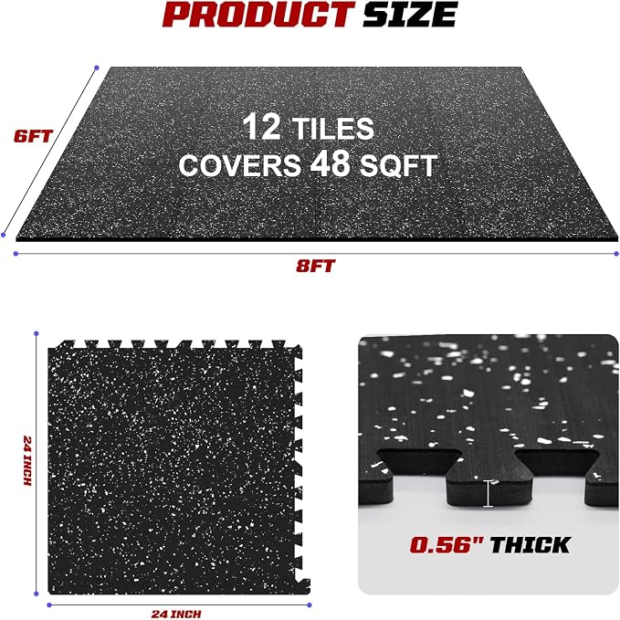 Interlocking Exercise Equipment Mats, 0.56" Thick 12 Tiles (48 Sq Ft) - Rubber Top Gym Flooring with High Density EVA Foam, Heavy Weight Workout Mats for Home GymFloor Protection,Black/White