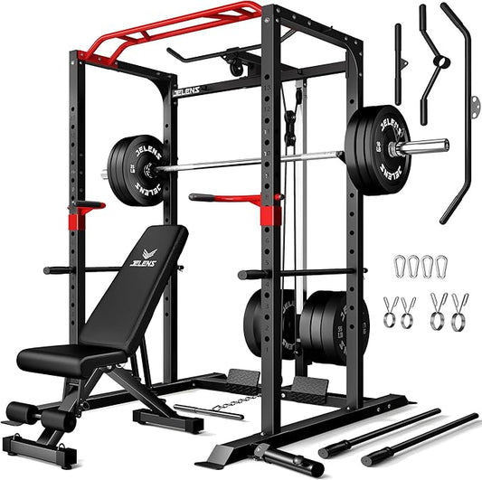 JELENS S11 Power Cage, 2000LB Multi-Function Power Rack with LAT Pulldown, Squat Rack with Adjustable Pulley System and Training Attachments, Weight Rack for Home Gym