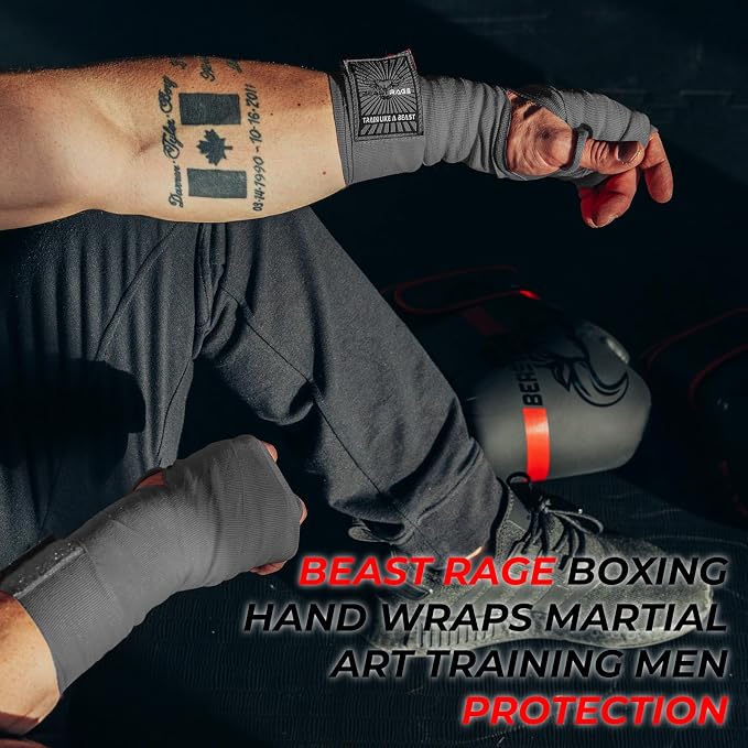 BEAST RAGE Boxing Hand Wraps for MMA Kickboxing Wrist Wraps Professional Adult 180" Semi-Elastic Martial Arts Inner Gloves Heavy Bag Handwraps Muay Thai Thumb Straps