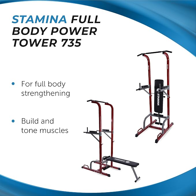 Stamina Full Body Power Tower 735 - Dip Bar with Built-in Bench and Rack - Pull Up Bar Station with Smart Workout App - Dip Bars for Home Workout - Up to 300 lbs Weight Capacity | Dip Bar with Built-in Bench and Rack; Pull Up Bar Station with Smart Wor...