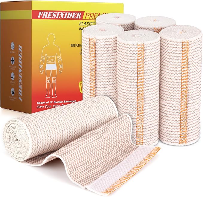 FRESINIDER Premium Elastic Bandage Wrap 5 Inch, 6 Pack, Hook and Loop | Wide 5-Inch Cotton Compression Wrap for Knee, Shoulder and Thigh; Firm Support for Sprains, Swelling and Sports Recovery.