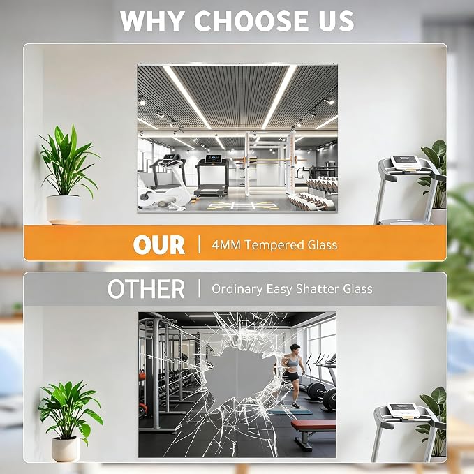 Home Gym Mirror (3 Pack), 48 x 24 Inch Each Large Full Body Frameless Wall Mounted Mirror, Tempered Glass Workout Mirror for Home Gym, Yoga Studio, Dance Room, Garage, Bedroom – Silver