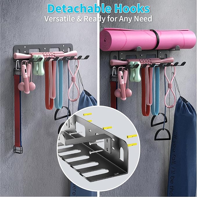 KHAMAL Multi-Purpose Gym Equipment Storage Rack for Resistance Bands - Gym Wall Storage for Exercise Bands, Yoga mat, Jump Ropes, Weight Belts, Straps, Hula Hoop (Black White)