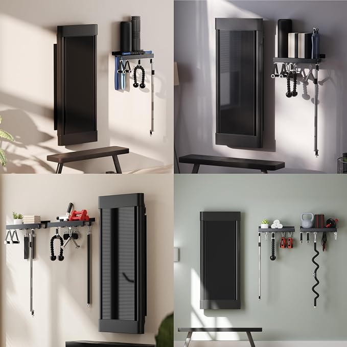 Metal Shelf Compatible with Tonal Accessories, Home Gym Storage | Floating Shelf Organizer for Home Gym, T-Lock Adapters Bracket Hanger, Gym Rack Wall Mounted with Hooks, Black Workout Holder