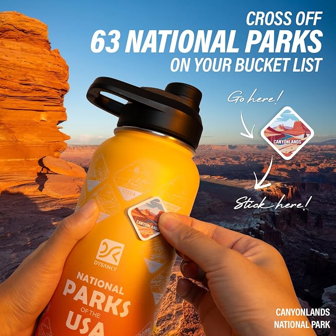 DYSANKY National Parks Water Bottle – 40 oz Insulated Stainless Steel Bottle with 63 Hand-Drawn Park Stickers, Carrier Bag, Strap & Gift Box – BPA-Free – Ideal for Hiking, Camping & Travel