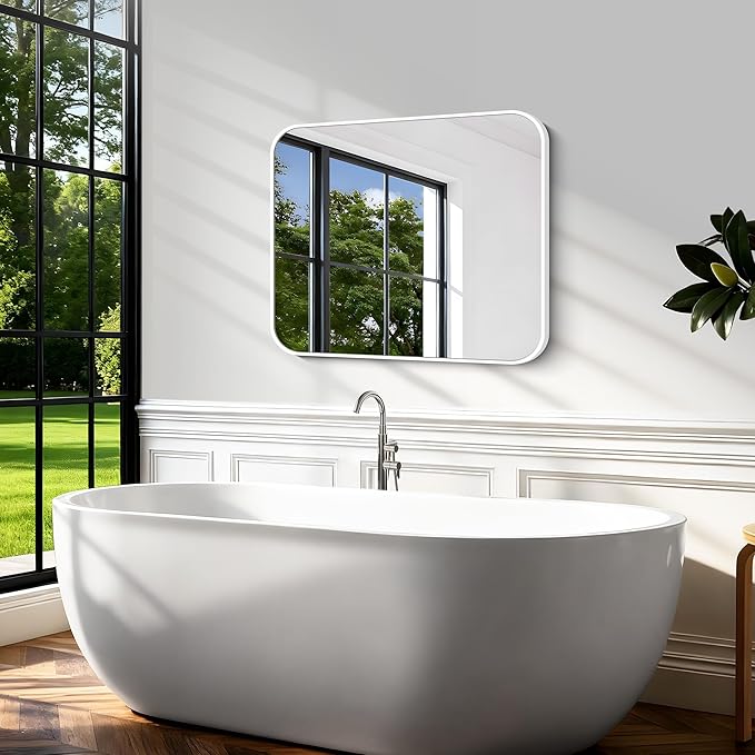 BONEWEI White Bathroom Mirror,30x36 inch Wall Mirror for Bathroom Wall Mounted,Rectangle Mirror for Bathroom Over Sink,Modern Frame Round Corner for Living Room,Bedroom Entryway,Horizontal/Vertical