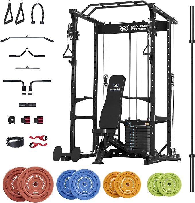 MAJOR FITNESS Power Cage Drone1 Premium- Multi-Function Power Rack for Home Gym, Squat Rack with Pull-up Bar, Cable Crossover System, J-Hooks, for Strength Training, Heavy-Duty Steel Construction
