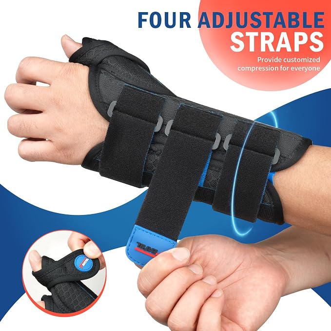 FEATOL Carpal Tunnel Wrist Brace Night Support, Thumb Spica Splint Right Hand for De Quervains Tenosynovitis, Tendonitis, Thumb Brace for Women Men, Black Blue, Small/Medium