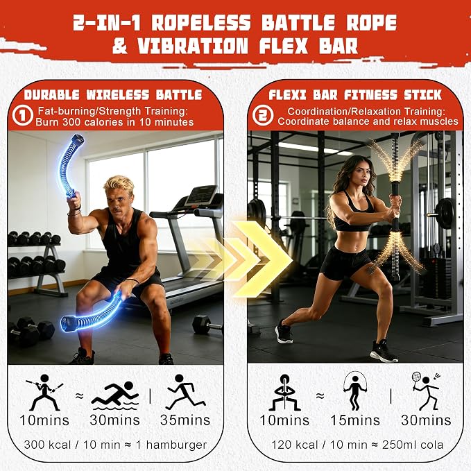 2-in-1 Ropeless Battle Rope & Vibration Bar, Portable Cordless Fitness Ropes for Home Gym, Strength Building, HIIT Training & Low-Impact Aerobic Training for Men and Women