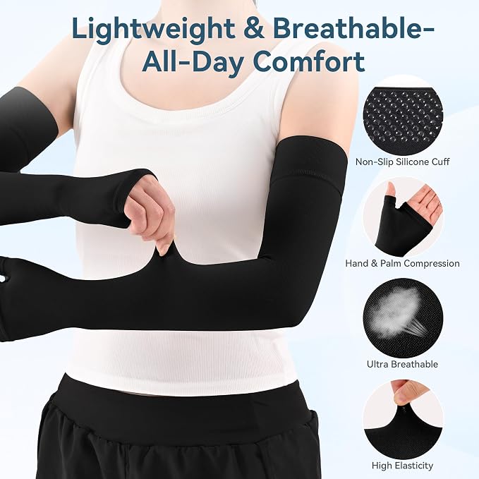 1 Pair Medical Full Compression Arm Sleeves with Palm Cover for Women Men | 20-30mmHg Graduated Compression,Arm And Elbow Supports,Silicone Anti-Slip Dots, Lymphedema,Arthritis,Bursitis, Post-Surgery