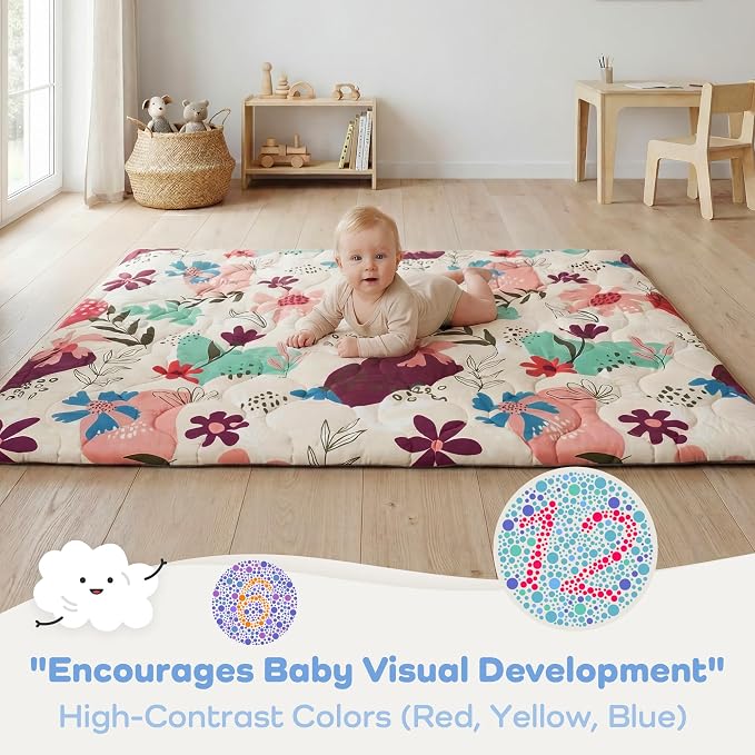 1.6" Thick Baby Play Mat, 71x59 Removable & Machine Washable Cover | Padded Memory Foam, Non-Slip Backing, 100% Baby-Safe Materials, Tummy Time Crawling, Outdoor, Bedroom, Living Room, Nursery