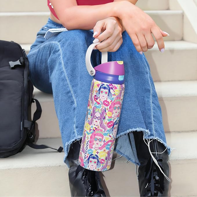 ENCOOL Leakproof Insulated Water Bottle with Straw Dual-Sip Water Bottle Bag-Safe Design for Work, Commute & Gym – Keeps Drinks Cold All Day, 24 oz, Party Trendy