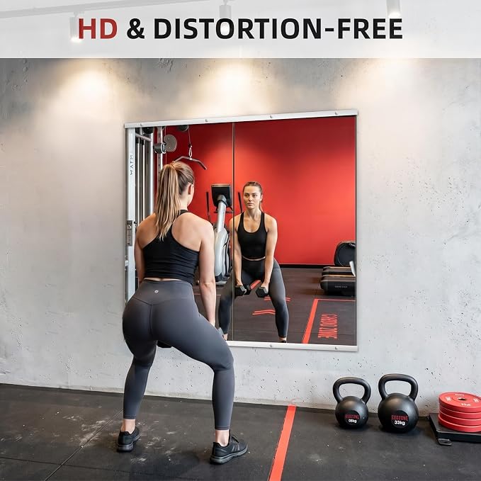 Home Gym Mirror for Wall, 48"x28"-2PCS Frameless Tempered Glass Mirror | Large Full Length Mirror for Garage, Workout, Yoga Room, Dance Studio & Home Exercise