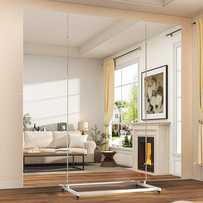 Hasipu 79"×79" Large Tri-Fold Full Length Rolling Mirror | Tempered Glass Movable Home Gym Mirror on Wheels with Stand for Gym, Dance Studio, Fitness Room, and Home