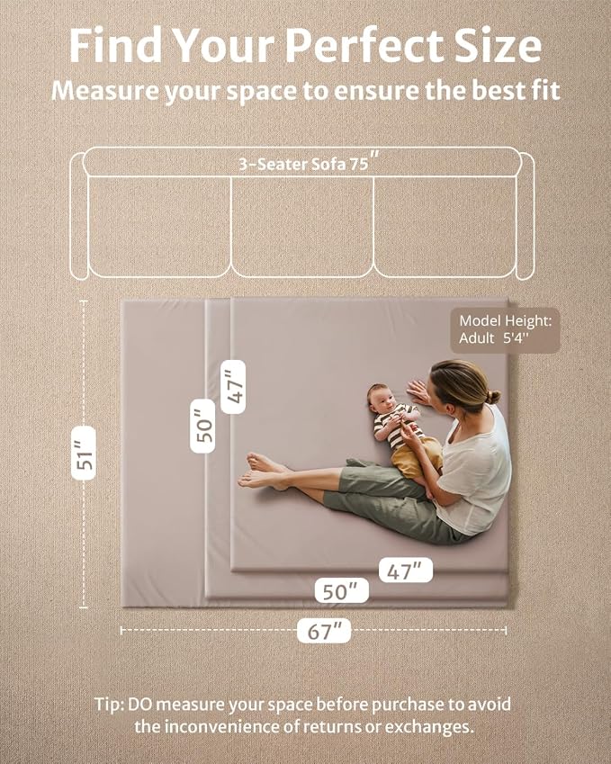 Blissful Diary Vegan Leather Baby Play Mat, 50''x50'', Taupe | thick cushion, safe and soft fabric, waterproof and wip clean, indoor use, non-slip bottom, stylish mordern decor