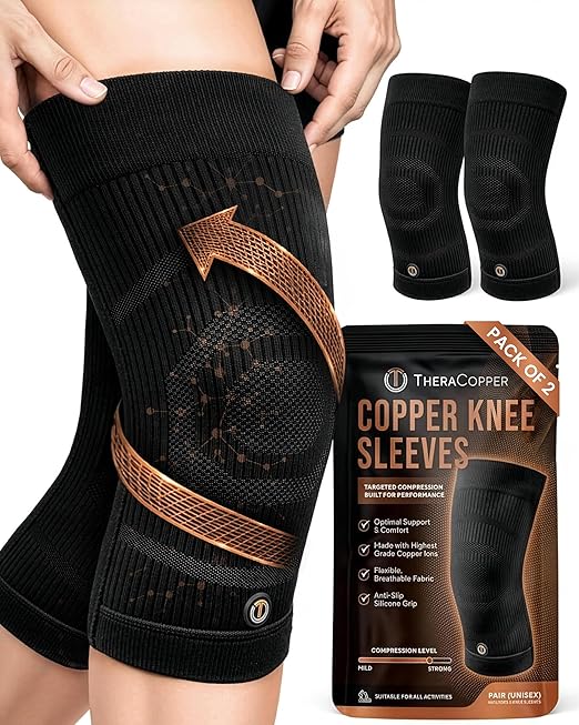 TheraCopper Copper Knee Brace for Men & Women (2 Pack) — Non-Slip Compression Copper Knee Sleeve for Arthritis, Knees Pain Relief, Swelling, Anti inflammatory and Recovery Support (Medium)