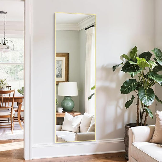 Aluminum Frame Mirror, 59"x16" Full Length Mirror with Stand, Free Standing Leaning Mirror Hanging Mounted Mirror for Bathroom Living Room, Gold